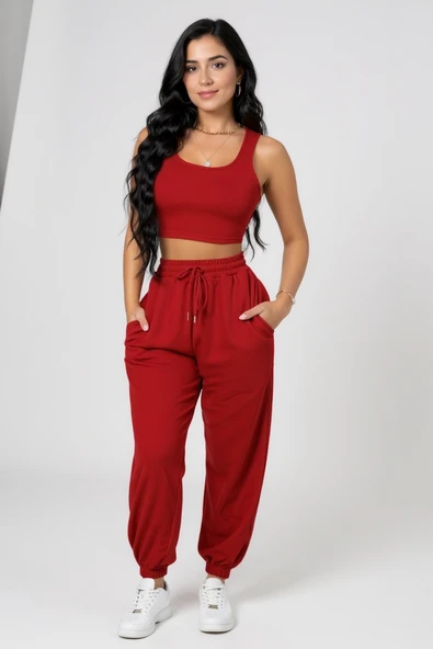 Kadın Kırmızı Kaşkorse Cepli Jogger Eşofman Altı ve Crop Top Bluz - Resim 2