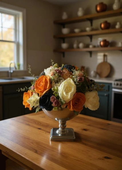 Yapay Çiçek Aranjmanı Gümüş Renk Metal Vazolu Arajman Nişan Kız İsteme Çiçeği Somon Lacivet Krem - Resim 7