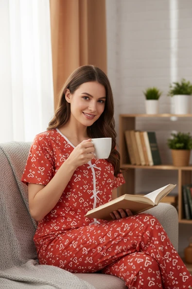 Kadın Turuncu Kalp Desenli Fiyonklu Kısa Kollu Uzun Pijama Takımı - Resim 6