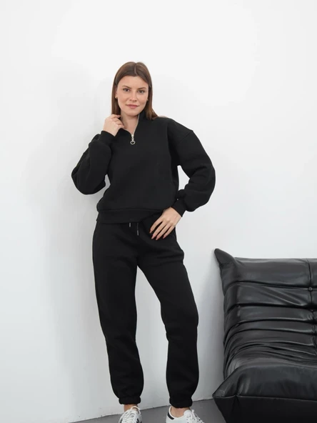 3 iplik içi Şardonlu yarım fermuarlı alt üst takım siyah ürün görseli 1