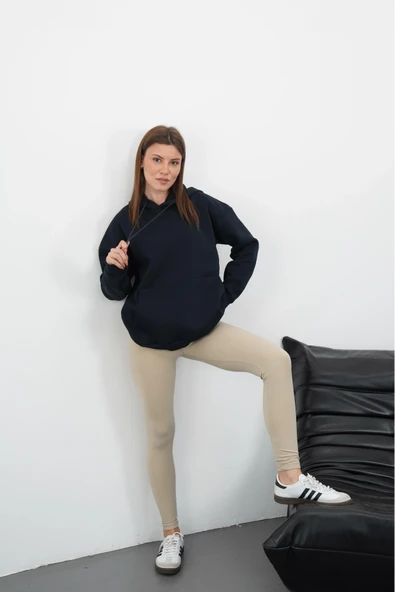 3 iplik şardonlu kapşonlu swetshirt lacivert md63 - Resim 4