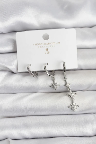 Kutup Yıldızı Model Gümüş Renk Pirinç 3'lü Kadın Küpe Seti ürün görseli 1