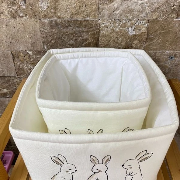 Bej Rengi Nakışlı Tavşan Desenli 3'lü Sepet Seti - Resim 2