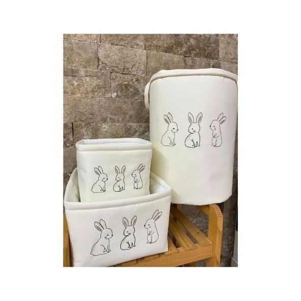 Bej Rengi Nakışlı Tavşan Desenli 3'lü Sepet Seti - Resim 3