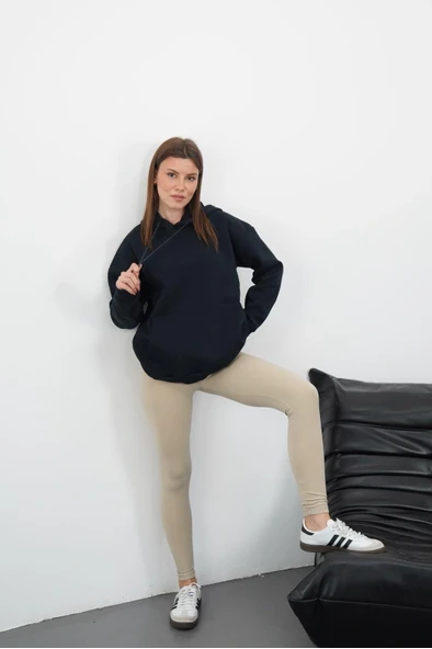 3 iplik şardonlu kapşonlu swetshirt lacivert md63 - Resim 2