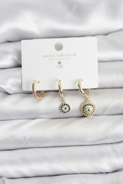 Nazar Model Gold Renk Pirinç 3'lü Kadın Küpe Seti ürün görseli 1