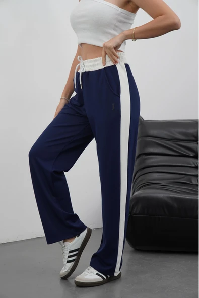 Şeritli garnili pantolon lacivert - Resim 5