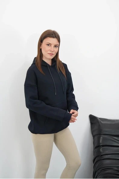 3 iplik şardonlu kapşonlu swetshirt lacivert md63 ürün görseli 1