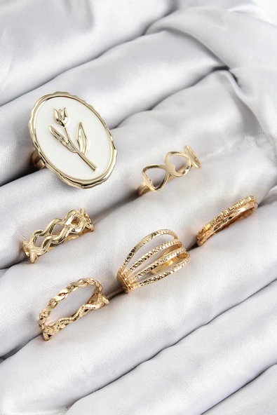 Pirinç Zirkon Taşlı Lale Model Gold Renk Kadın Yüzük Kombin Set ürün görseli 1