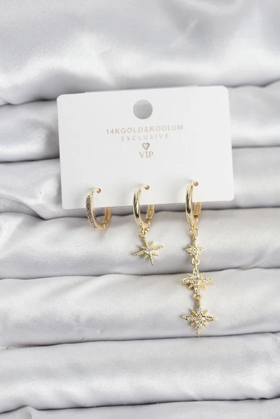 Kutup Yıldızı Model Gold Renk Pirinç 3'lü Kadın Küpe Seti ürün görseli 1