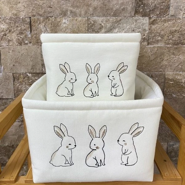Bej Rengi Nakışlı Tavşan Desenli 3'lü Sepet Seti - Resim 4