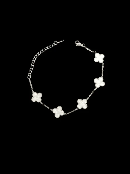 ? Yonca Model Beyaz Taş Gümüş Renk Şık ve Zarif Çelik Bileklik — Şansın ve Zarafetin Simgesi ürün görseli 1