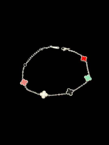 ? Yonca Model Çok Renkli Taşlar Gümüş Renk Şık Çelik Bileklik — Şansın ve Zarafetin Simgesi ürün görseli 1