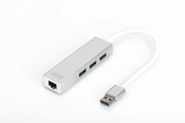Digitus 3 Port USB 3.0 Hub & USB 3.0 Gigabit Ethernet Adaptörü, 1 x 10/100/1000 RJ45 Dişi Yuva, 1 x USB-A Erkek Konnektör Kablolu 20 cm, 3 x USB 3.0 USB-A Dişi Konnektör, alüminyum, Mac ve Windows des ürün görseli 1