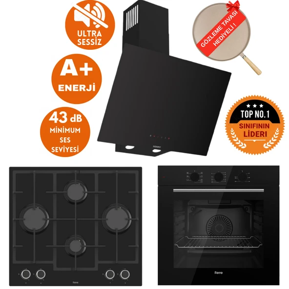 Ferre FlowArt&SilentArt  London Sessiz Yeni Seri Siyah Ankastre  Set ( D077-SA + QBL62CS + LN385 ) ürün görseli 1