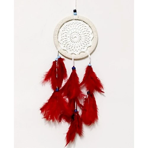 Kırmızı Kuş Tüylü Dream Catcher El Yapımı Düş Kapanı Duvar Süsü ürün görseli 1