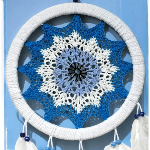 Petrol Mavisi Nazar Motifli Kuş Tüylü Duvar Süsü - Resim 2