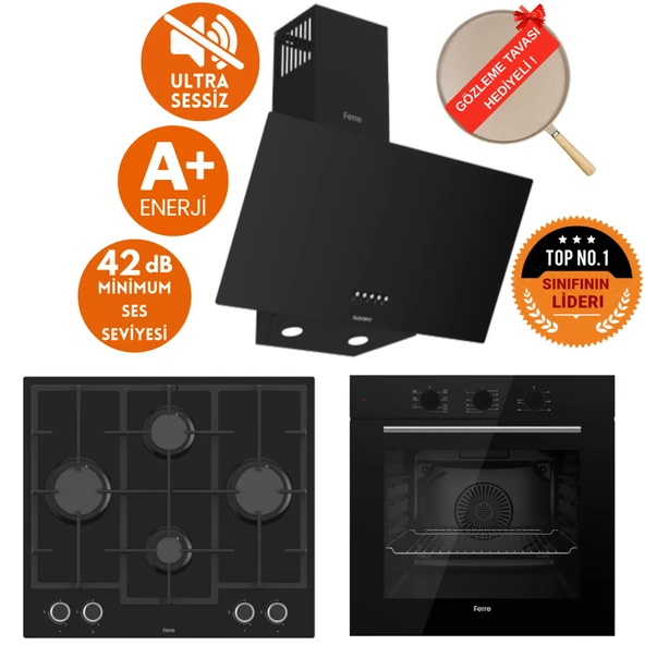 Ferre FlowArt&SilentArt  HerON Sessiz Yeni Seri Siyah Ankastre  Set ( D086-SA + QBL62CS + LN385 ) ürün görseli 1