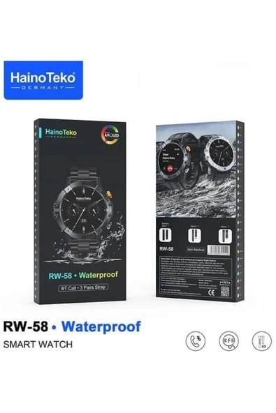 HainoTeko RW-58 Siyah AMOLED Ekran Akıllı Saat Su Geçirmez BT Aramalı + 3'lü Kordon - Resim 5