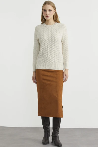 Saç Örgü Motifli Yuvarlak Yaka Triko Kazak - Taş ürün görseli 1