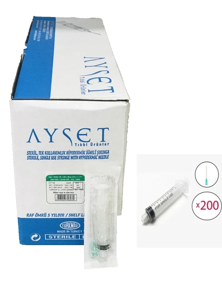 Ayset Luer Lock Kilitli İğneli Enjektör 5 ML 21G 200'lü (1 Kutu) ürün görseli 1