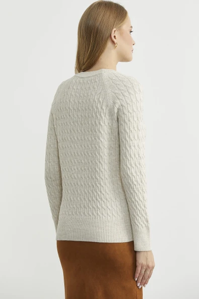Saç Örgü Motifli Yuvarlak Yaka Triko Kazak - Taş - Resim 6