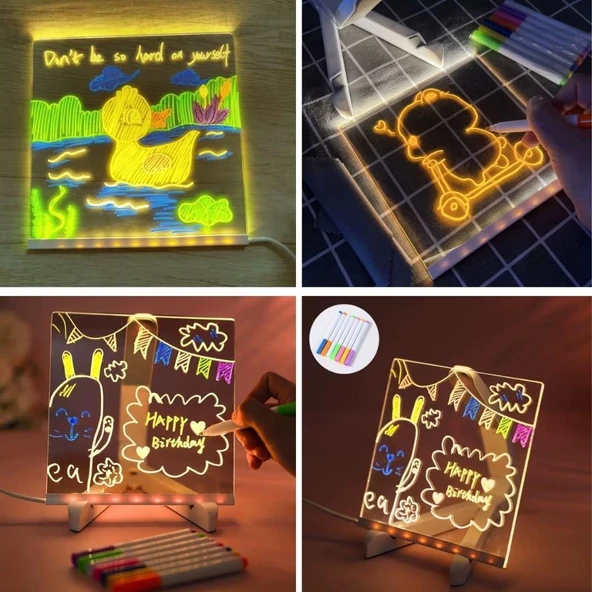 OLLEVRA LED Işıklı Kendiliğinden Renkli Fosforlu Kalemli Kare Yazı Panosu 20x20 cm - Resim 3