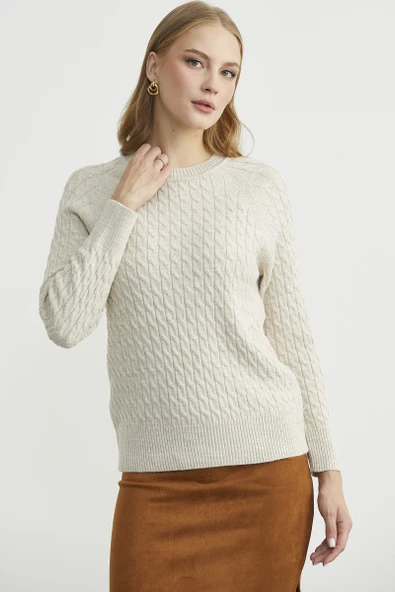 Saç Örgü Motifli Yuvarlak Yaka Triko Kazak - Taş - Resim 5