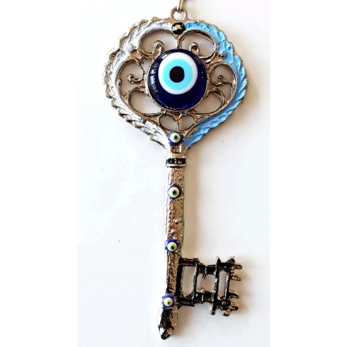 Gümüş Kaplama Nazar Boncuklu Beyaz Ve Mavi Nostaljik Anahtar Şekilli Duvar Süsü ürün görseli 1