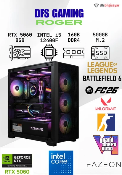 DFS Gaming ROGER INTEL I5 12400F-H610M-RTX 5060 8GB-16GB DDR4 RAM-500GB M.2 NVME-MASAUSTU OYUNCU BILGISAYARI ürün görseli 1