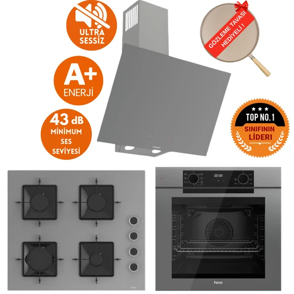 Ferre FryArt & SilentArt LASE Yeni Seri Sessiz Antrasit Gri Ankastre Set (D079-SA+ QEP63CPR +SS208) ürün görseli 1