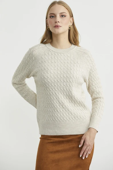 Saç Örgü Motifli Yuvarlak Yaka Triko Kazak - Taş - Resim 3