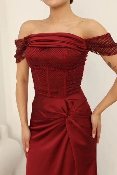 Straplez Yaka File ve Bel Detaylı Saten Abiye Elbise 2368-Bordo - Resim 7