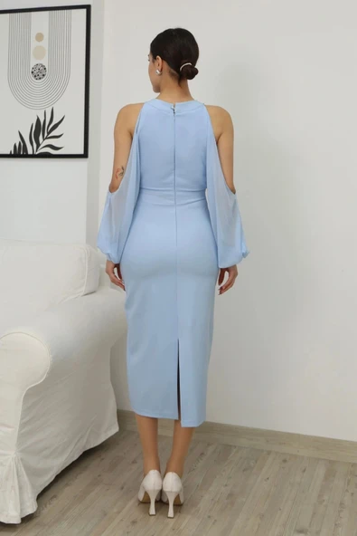 Omzu Açık Balon Kol Taş Detaylı Abiye Elbise 2261-Bebe Mavisi - Resim 7