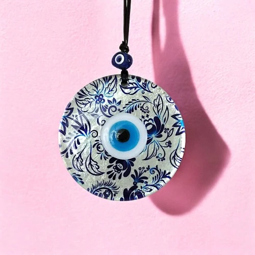 Nazar Boncuklu Yaprak Desenli Gümüş Rengi Füzyon Cam El Yapımı 12 Cm Duvar Süsü Nazarlık Hediyelik Eşya - Resim 2