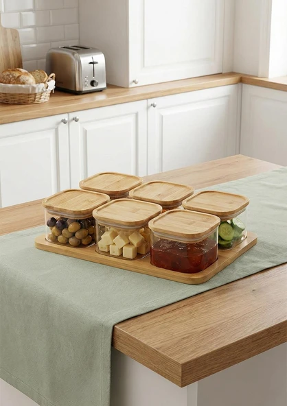 Quatro Bambu Vakumlu Kapaklı Tepsili 6’lı Cam Kahvaltılık - Resim 2