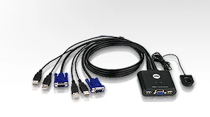 2 Port USB VGA KVM (Keyboard/Video Monitor/Mouse) Switch, Masaüstü Tip, KVM bağlantı kablosu ürüne gömülüdür2-Port USB VGA Cable KVM Switch with Remote Port Selector ürün görseli 1