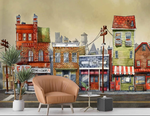 Sokak Manzara Çizimi Duvar Kağıdı Baskı - Resim 6