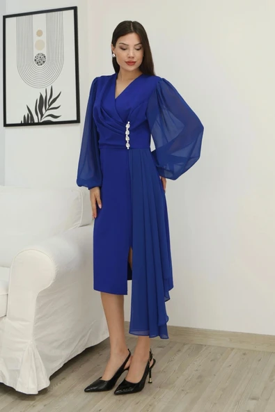 Kruvaze Yaka Bel Şifon Detaylı Balon Kol Abiye Elbise 2263-Saks - Resim 4