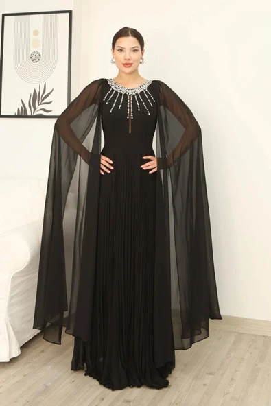 Pelerin Kollu Taş İşlemeli ve Bel Detaylı Abiye Elbise 2256-Siyah ürün görseli 1