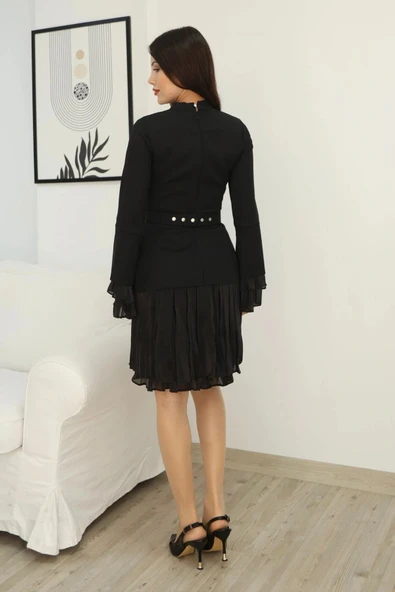 Büzgü Detaylı Kemerli Elbise 2338-Siyah - Resim 7