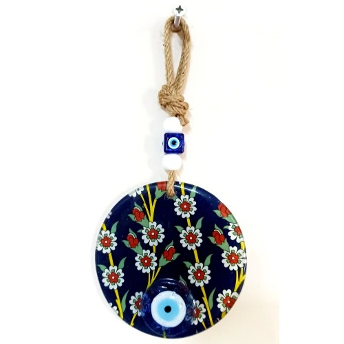 Çiçek Desenli Lacivert Nazar Boncuklu Füzyon Cam Duvar Süsü - Resim 2