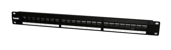 Beek 24 Port Modüler Boş Patch Panel, Zırhlı/Ekranlı (Shielded), Arkadan Kablo Düzenleyicisi ile birlikte, 1U Yüksekliğinde, Siyah Renk, Metal ürün görseli 1