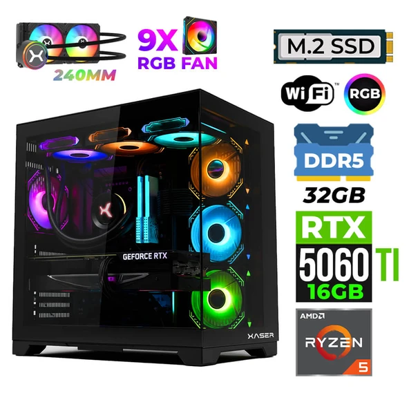 Xaser Nova X150 Ryzen 5 7600 32GB DDR5 Ram 1TB M.2 NVMe SSD 16GB RTX5060 Ti Sıvı Soğutmalı Oyuncu Tavsiye Sistem ürün görseli 1