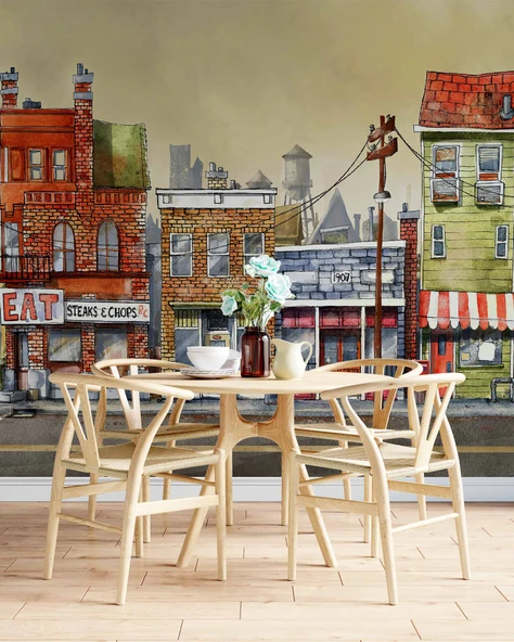 Sokak Manzara Çizimi Duvar Kağıdı Baskı - Resim 5