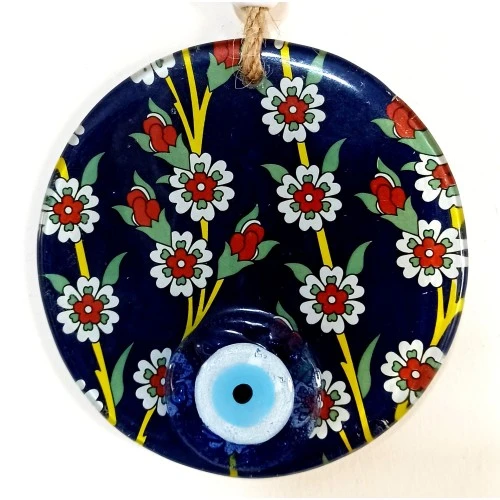 Çiçek Desenli Lacivert Nazar Boncuklu Füzyon Cam Duvar Süsü ürün görseli 1