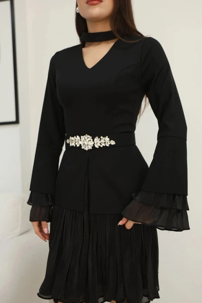 Büzgü Detaylı Kemerli Elbise 2338-Siyah - Resim 5