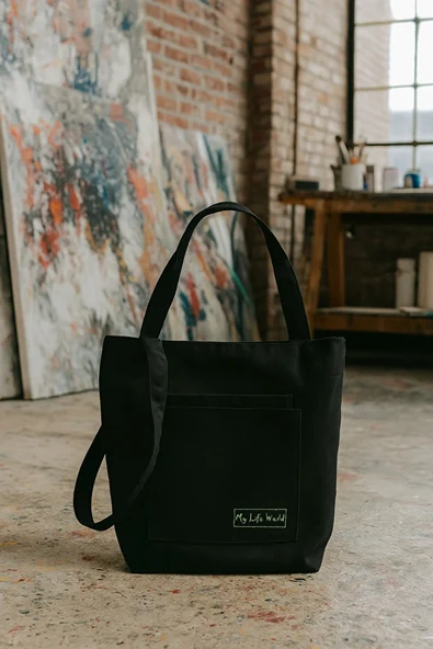 Çok Amaçlı Premium Tek Çıtlı Life Baskılı Siyah Orta Boy Kanvas El ve Omuz Çantası - Resim 3