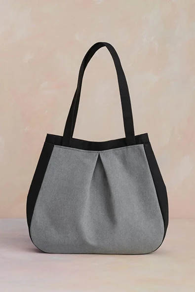 Siyah Gri Çok Amaçlı Premium Oversize Düz Orta Boy Kanvas Kadın El ve Omuz Çantası - Resim 2
