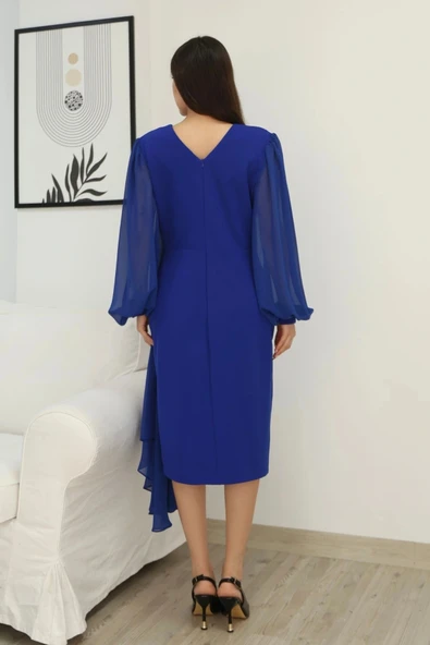 Kruvaze Yaka Bel Şifon Detaylı Balon Kol Abiye Elbise 2263-Saks - Resim 7